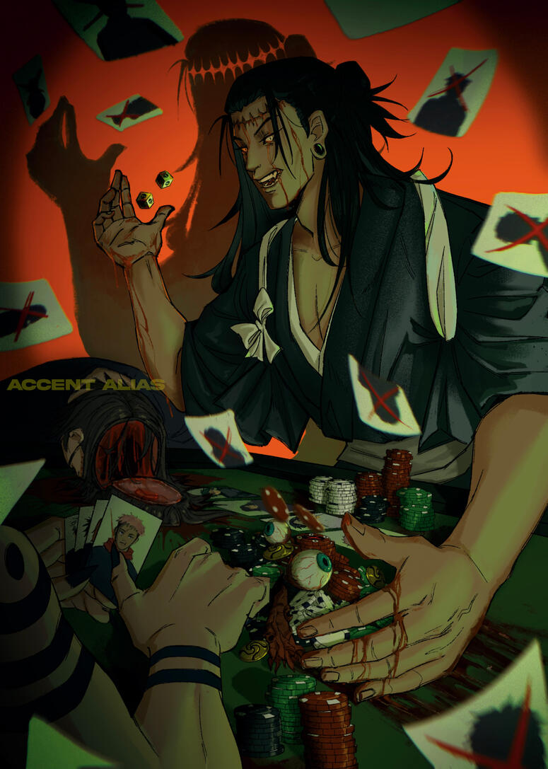 Full-page illustration printed in published zine "Origin of Fear," featuring characters from Gege Akutami's "Jujutsu Kaisen".